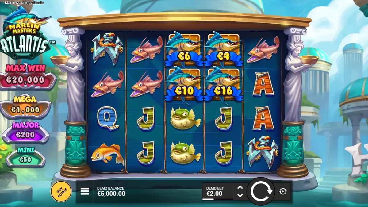 Marlin Masters Atlantis slot gameplay showing the Kraken collector feature
