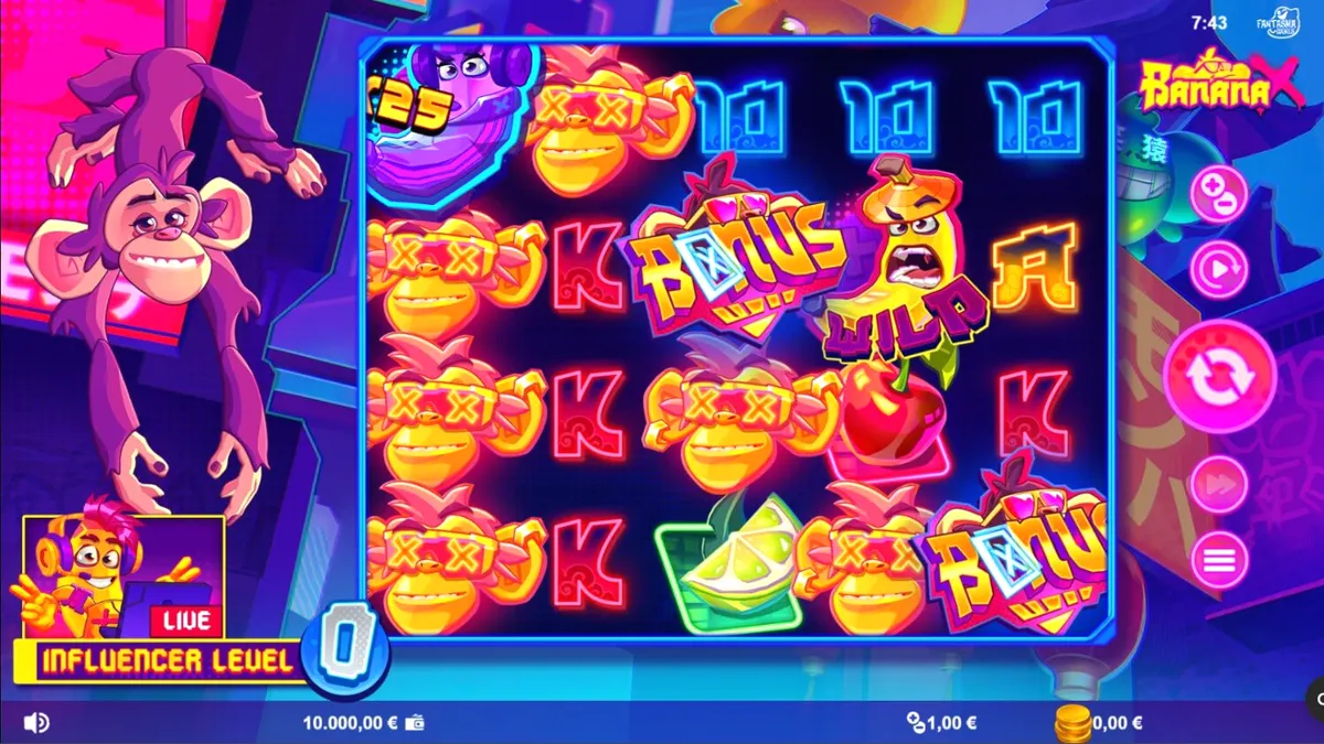Tampilan visual neon dan penuh warna dari slot Banana X dengan tema influencer digital.